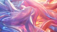 Luxurious flowing silk fabric in coral pink and purple colors with iridescent sheen and soft folds creating abstract waves and dynamic movement pattern.