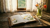 Open book with pressed flowers on wooden table near window with natural light and fresh flower bouquet creating cozy reading atmosphere.