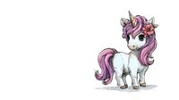 Cute white unicorn with pink and purple flowing mane and tail, decorated with flower accessory, drawn in soft watercolor style on white background, suitable for children's designs.