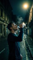 Man drinking water from bottle on wet urban street at night under streetlight, refreshing after exercise or outdoor activity.