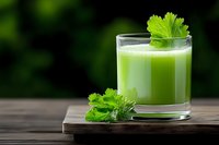 Fresh green celery smoothie in glass on wooden board with natural dark background and garnish. Healthy detox drink for wellness and diet.
