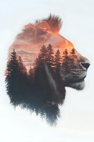 Double exposure profile of lion head merged with sunset forest landscape, creating dramatic silhouette against orange sky and pine trees. Artistic nature concept.
