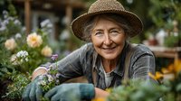 Senior woman gardener in straw hat smiling while tending to colorful flowers in outdoor garden setting. Elderly female enjoying retirement hobby activities.