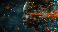 Profile view of person's face dissolving into glowing orange and blue digital particles against dark background, representing artificial intelligence and technology.