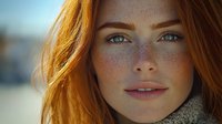 Young woman with natural freckles, red hair and blue eyes in soft natural lighting, close-up portrait showing genuine smile and glowing skin against blurred background.