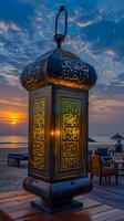 Traditional Arabic lantern with Islamic calligraphy glowing at sunset on beach deck, dramatic sky with orange sun and illuminated clouds creates magical ambiance.