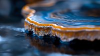 Close-up of blue agate crystal slice with golden edges on dark background, showcasing natural mineral formation patterns.
