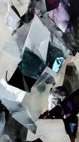 Abstract geometric composition featuring shattered glass fragments in purple, turquoise, black and white tones creating dynamic angular shapes and reflective surfaces.