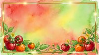 Watercolor tomatoes and foliage arranged on vibrant gradient background with warm red, orange, and yellow tones transitioning to soft green. Golden decorative frame border. Isolated design element suitable for culinary projects, recipe cards, kitchen decor, and food packaging.