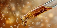 Amber liquid dripping from glass dropper with bubbles floating against golden bokeh background. Cosmetic serum or essential oil application.