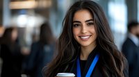 Young professional woman with long dark hair wearing blue lanyard smiling confidently at business conference or corporate event with blurred background.