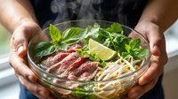Hands holding steaming bowl of pho with fresh herbs, lime, and rice noodles. Vietnamese soup for culinary, food styling, restaurant menus, cooking blogs.