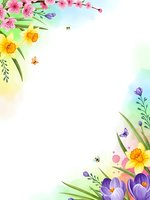 Spring floral frame with colorful flowers, butterflies and bees on soft watercolor background. Copy space for text, greeting cards and seasonal designs.