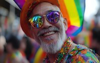 Senior African American man with white beard wearing colorful tie-dye shirt, orange hat and rainbow reflective sunglasses smiling at pride parade celebration with rainbow flag background.