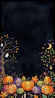 Spooky autumn night scene with carved jack-o-lanterns, glowing pumpkins, bare tree with ghosts, crescent moon, stars, bats, autumn leaves, lanterns and candles on dark chalkboard background for seasonal designs.