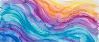 Abstract watercolor waves in vibrant rainbow colors flowing across white background. Artistic paint texture with blue purple orange yellow hues for creative projects.