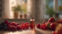 Fresh summer berries surrounding small glass bottle with red fruit extract on wooden surface in warm sunlight. Perfect for food photography.
