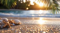 Tropical beach sunset with seashells and starfish on golden sand under palm fronds, warm ocean waves creating peaceful coastal paradise atmosphere.