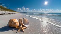 Tropical beach scene with seashells and starfish on pristine white sand shore under bright sun with turquoise ocean waves and blue sky for vacation concepts.