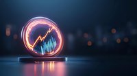 Glowing neon stock market chart hologram with rising trend line floating above reflective surface against dark bokeh background, futuristic financial concept.