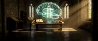 Holographic brain projection floating above ancient wooden desk in medieval stone chamber with gothic windows and warm sunlight streaming through.