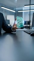 Businessman touching holographic document interface with checkmark in modern office environment showcasing digital transformation and paperless workflow solutions.