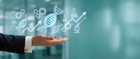 Businessman hand holding DNA strands, gears, and growth arrow icons representing biotechnology innovation and scientific research development.