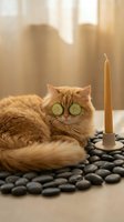 Orange tabby cat with cucumber slices on eyes relaxing at spa with candle and stones for wellness and self-care concept.