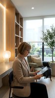 Middle-aged Caucasian woman in business casual attire working on tablet in modern office space with wooden shelving, ambient lighting, and city views. Suitable for corporate, business technology, and workplace concepts.