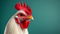 Close up portrait of white rooster with bright red comb and wattles against turquoise background, showing detailed feathers and distinctive profile of domestic fowl.