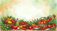 Watercolor illustration of fresh tomatoes, baskets, and vegetables arranged on white background, suitable for recipe blogs, cooking websites, and food packaging designs.