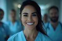 Young female medical professional in scrubs smiling confidently at camera with healthcare team in background. Positive workplace environment in hospital setting.