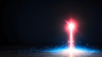 Glowing light beam with blue particles rising from ground against dark background, mystical portal effect creates dramatic sci-fi atmosphere.