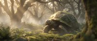 Ancient tortoise walking through mystical forest with golden sunbeams filtering through twisted branches and moss-covered ground in serene natural habitat.