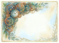 Steampunk gears, clock and botanical foliage in ornate corner frame design with vintage aesthetic, suitable for invitations and decorative backgrounds.