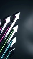 Colorful metallic arrows pointing upward against dark background representing business growth, success, progress and achievement in corporate finance.