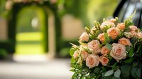 Elegant peach roses bouquet with eucalyptus greenery against blurred garden archway background creates romantic wedding atmosphere and soft bokeh effect.