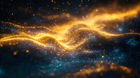 Magical glowing golden waves with sparkles and light particles flowing on dark blue background, abstract cosmic energy stream effect.