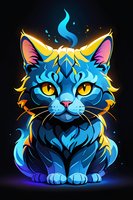Mystical blue cat with glowing yellow eyes and magical aura sitting against dark background, decorated with ethereal flames and geometric patterns.