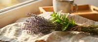 Fresh lavender and mint herb bundles on rustic linen fabric with warm sunlight streaming through window creating peaceful aromatherapy spa atmosphere.