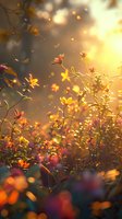 Magical sunset illuminates delicate wildflowers in meadow with golden bokeh effect, creating dreamy atmosphere as petals dance in gentle breeze at magic hour.