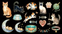 Orange tabby cat sitting upright, black cat stretching, calico cat resting, siamese cat face, paw print, yarn ball, cat food bowl, jumping cat, fish bones, heart shape, sleeping cat on moon, decorative bowl, bunting flags, and cat collar isolated on transparent background. Ready for t-shirt designs, stickers, clipart, sublimation, and print-on-demand products.
