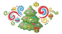 Festive Christmas tree with colorful swirls and ornaments on white background. Holiday decoration design for greeting cards and seasonal projects.
