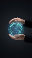 Businessman hands protecting glowing digital earth globe with network connections on dark background representing global technology and environmental care.