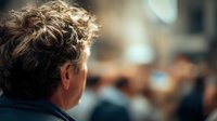 Middle-aged Caucasian man with curly gray hair viewed from behind in blurred indoor setting with warm lighting and people in background.