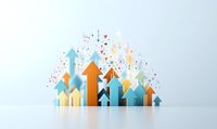 Colorful upward arrows in various sizes creating dynamic composition with sparkle effects on light background, symbolizing growth and success in business.