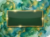 Watercolor abstract background with emerald and gold tones featuring an empty golden frame with glowing corners, suitable for text overlay, presentations, and design projects.