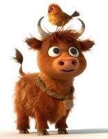 Cute cartoon highland cow character with big eyes and friendly smile, wearing rope collar, with small orange bird perched between horns on white background.