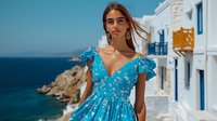 Young Mediterranean woman in turquoise summer dress walking along white coastal buildings, with deep blue sea and cliffs in background, hair flowing in breeze.