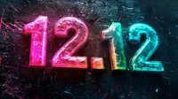 Glowing neon numbers 12.12 on dark textured background with pink and turquoise gradient colors creating futuristic cyberpunk atmosphere for sale date promotion.